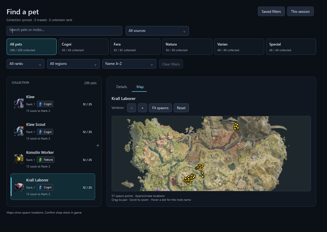 Pet Tracker's Find a pet window. A shared collection list sits beside the Map tab, showing Krall Laborer spawn points in Verteron.