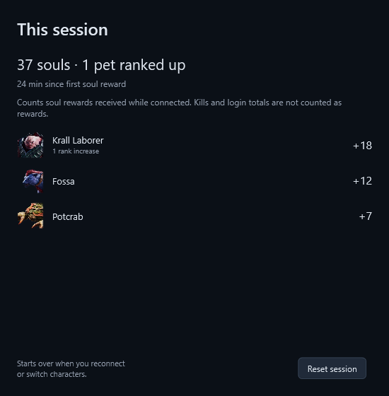 This session shows 37 souls, one pet ranked up and individual gains for Krall Laborer, Fossa and Potcrab.